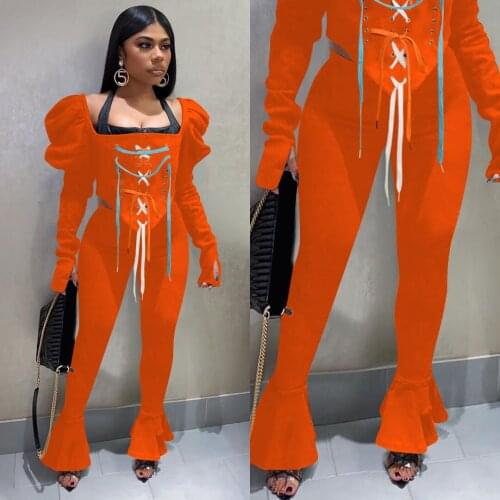 Fashion Tracksuit Woman Long Pulf Sleeve Criss-Cross Bandage Crop Top + Long Flare Pants Streetwear Outfits Autumn Clothes