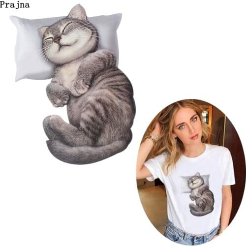Prajna Animal Cat Stickers Patches Iron On Transfers For Woman T-shirt Hoodies Applique Thermal Transfer Washable Stickers Decor