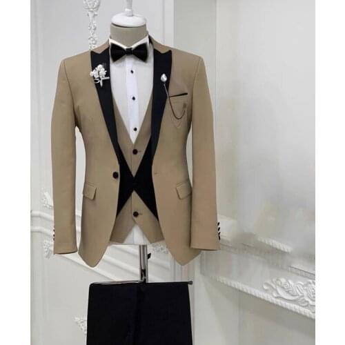 2020 Fashion New Slim Fit Formal Men Suits For Wedding With Black Peaked Lapel Groom Tuxedos 3 Pieces Male Jacket+Vest+Pants