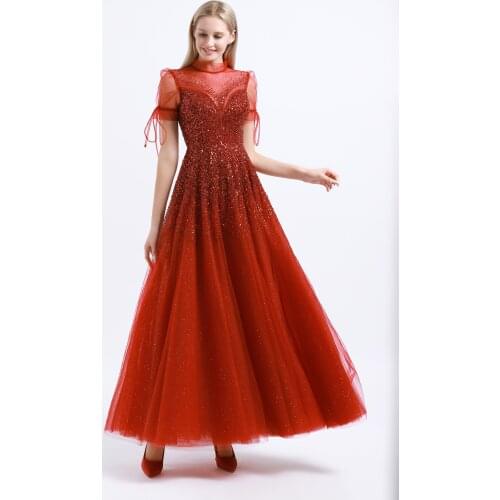 Red Gowns Fashion Ladies Bling Bling O-Neck A-Line Eveningdress Luxury blue Host Dress For Women Wedding Party Graduation Formal