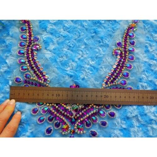 ZBROH Handmade purple /clear AB colour crystal patches sew on Rhinestones applique with stones sequins beads 34*25cm