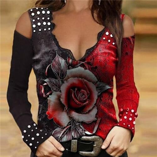 Fashion Vintage Print Long Sleeve T-Shirts Women Sexy Sling V-Neck Off Shoulder Tops Elegant Rose Pattern Tee Shirt Streetwear