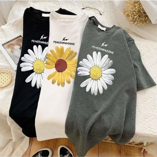 Summer Cotton T -shirt Casual Loose Short Sleeve Tops Women 2021 Printed Wild Bottoming Shirt Daisies Tee Oversized Tshirt