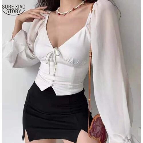 2021 Splicing Big Lantern Sleeve Blouse Womens Sexy V-neck Chiffon Shirts Women Thin Long-sleeved Blouses Chemisier Femme 15603