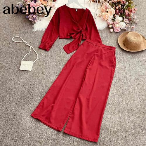 2021 New Spring Autumn Women Fashion All-match V-neck asymmetric Top + High Waist Wide Leg Pants two piece set