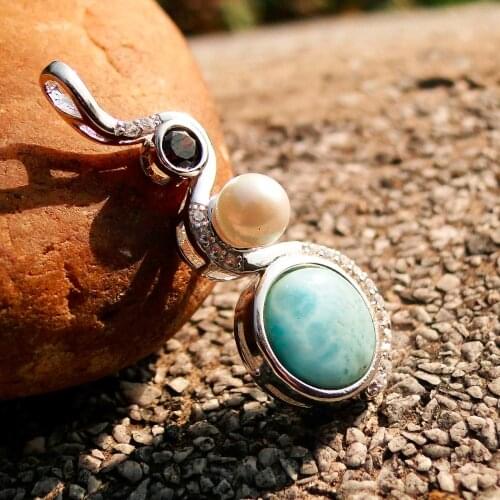 Real Larimar Blue Stone Fashion Pendant 925 Sterling Silver Pearl Pendant for Woman Special Gift for Laides