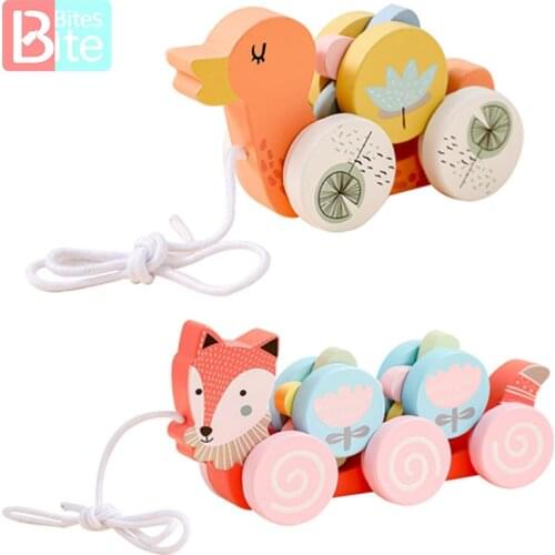 1Pc Baby Toddler Wooden Toys Funny Cartoon Animal Trailer Toddler Toys Pull Rope Toy Early Education Popular Toy Best Gifts