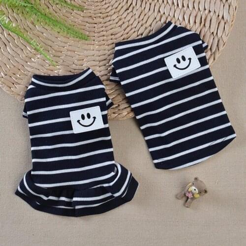 2018 Fashion Newest Male And Female Dogs Couple Stripe Pet Clothes T Shirts Smile Dog Dresses Summer Pet Clothes Puppy For Samll