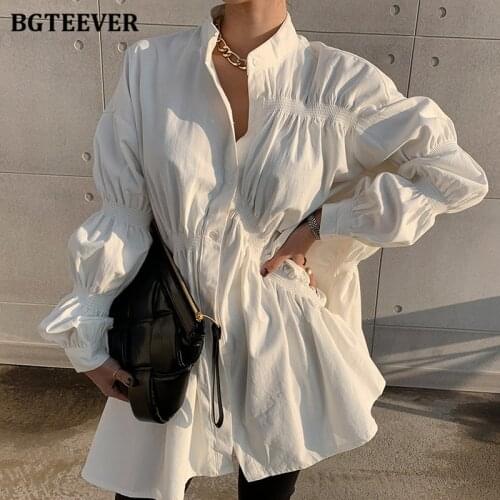 BGTEEVER Vintage Stand Collar Ruched Women Blouses 2021 Autumn Single-breasted Puff Sleeve Oversized Female White Shirts Tops