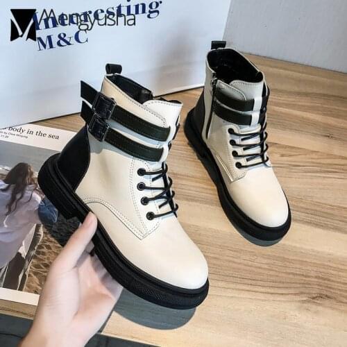 Black/white patchwork leather ankle boots women double belt chelsea booties female cross elastic band winter motorcycle botas