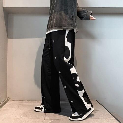 Straight Casual Pants Sports Breasted High Street Personality Summer Loose Stitching Printed Trousers Loose Trend Wide-leg Pants
