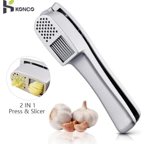 KONCO 2-in-1 Garlic Ginger Press Crusher and Slicer, Portable Stainless Steel Garlic Chopper, Manual Garlic Grater Grinder Tools