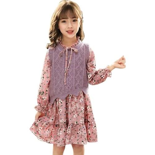 Kids Clothes Girls Floral Dress + Vest Clothing For Girls Spring Autumn Teenage Clothes For Girls Casual Style Childrens Clothe