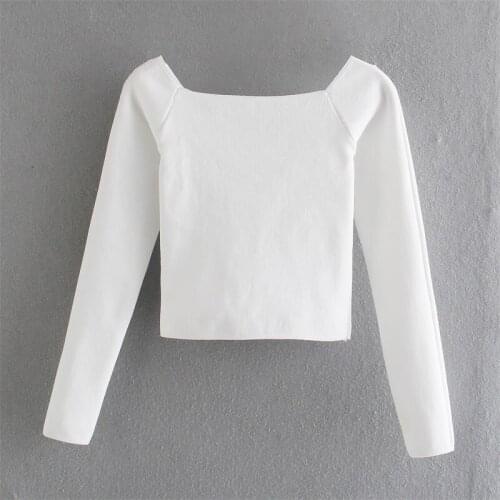 MESTTRAF Women 2021 Fashion Loose Cropped Knitted Sweater Vintage Straight Collar Long Sleeve Female Pullovers