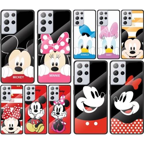 Cute couple Disney Mickey for Samsung Galaxy S21 Ultra Plus A72 A52 4G 5G M51 M31 M21 Luxury Tempered Glass Phone Case Cover