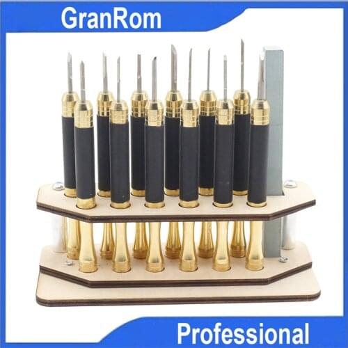 Brass Handle Carving Knife 12pcs Set Seal Cutter With Knife Holder Sharpen Stone Stone Carving Set Handheld Seal Cutting Tools