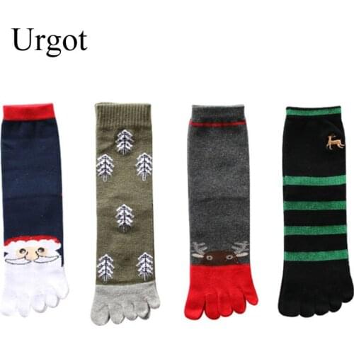 Urgot 5 Pairs Mens Womens Christmas Five-finger Socks Autumn Winter Cotton Thick Sweat-absorbent Warm Couple Cartoon Toe Socks