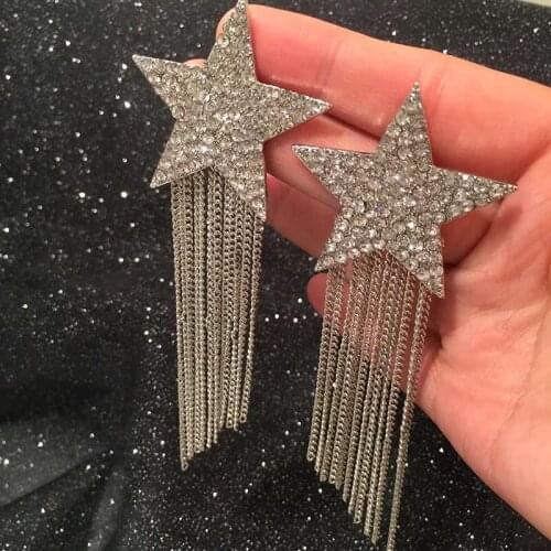 New Korean Personality Rhinestone Pentagram Long Tassel Pendant Earring Elegant for women Luxury Earring Jewelry Gift