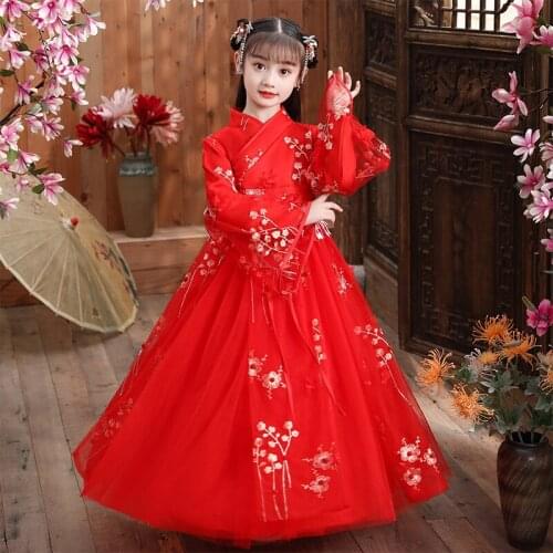Autumn And Winter Girls' National Style Hanfu Dress Chinese Style Two Piece Stage Performance Costume Birthday Party Wear