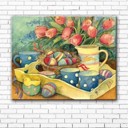 Pastoral cartoon blue cup flower canvas printings oil paintings printed on canvas home kid room wall art decoration picture