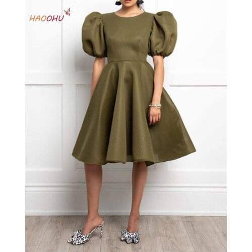 Lantern Short sleeve Pleated Midi Dress Solid Color Temperament Commuter Slim Women O-Neck HAOOHU Elegant Office Loose Zipper
