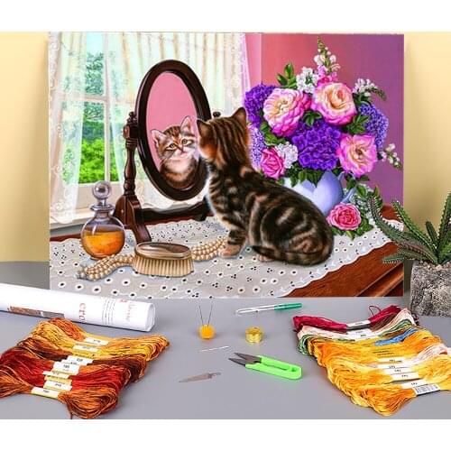 Flower Cats Animal Printed Water-Soluble Canvas 11CT Cross-Stitch Patterns Embroidery DMC Threads Handicraft Sewing Adults