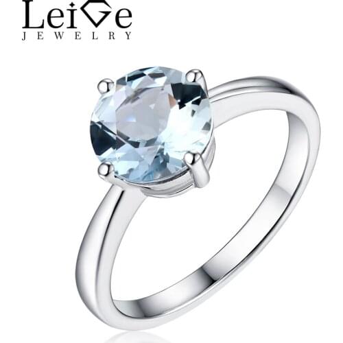 Leige Jewelry Round Cut Natural Aquamarine Ring Solitaire Gemstone Silver 925 for Women Wedding Anniversary Rings Christmas Gift