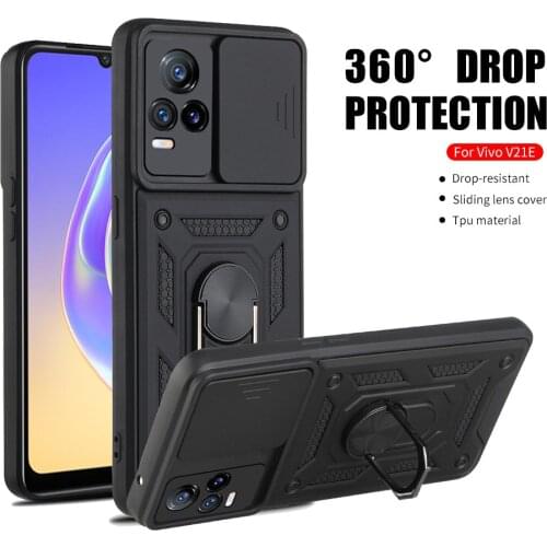 Push Camera Armor Case For Vivo V21 V21E Vivov21 E Vivov21E 4G 5G Car Magnetic Holder Ring Stand Shockproof Protect Cover Fundas