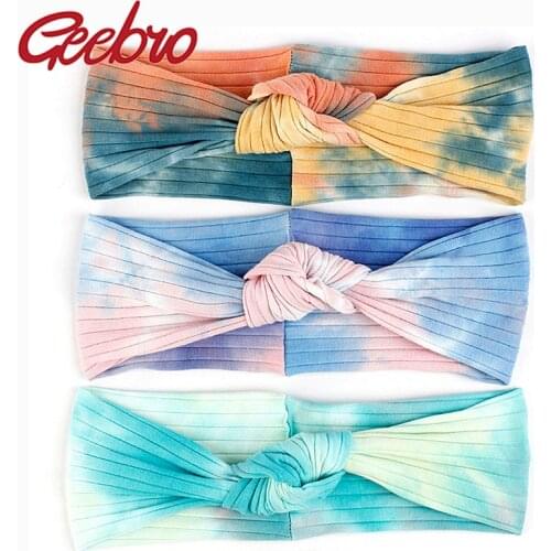 Geebro Casual Colorful tie dye Ribbed Headbands For Women New Soft Rainbow Cotton Stretch Knot Hair Bands Head Wrap For Ladies