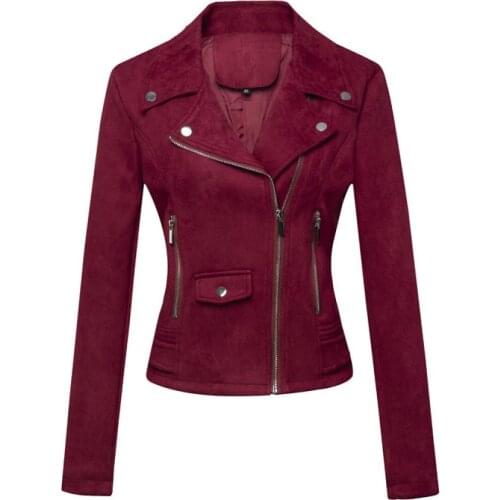 Lady Slim Fit Motorcycle Matte Coat Outerwear Pink Red Gray Coffee New England Style Women Faux Soft Suede Leather Jackets
