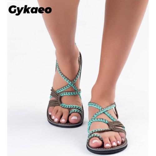 Gykaeo European and American Style Large Size Flat Soled Women Sandals 2020 Summer Roman Peep Toe Flat Sandalia Feminina Shoes