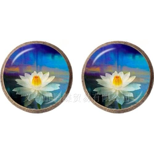 New Lotus Mandala Earrings Vintage OM Yoga 12mm Glass Cabochon Dome Jewelry For Women Girls Symbol Buddhism Femme Jewelry