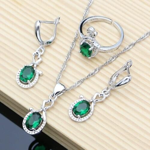 Bride Silver 925 Jewelry Sets for Women Green Emerald Bohemia Long Earrings Necklace Open Ring Trendy Gift Jewellry Dropshipping