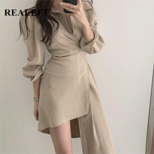 REALEFT 2021 New Autumn Irregular Womens Shirts Dresses High Waist Single Breasted Long Sleeve Casual Short A-Line Dress Female