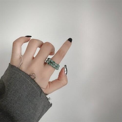 U-Magical Unique Design Hollow Out Double-Layer Beaded Ring for Women Fashion Summer Green Stone Index Finger Ring Jewellery