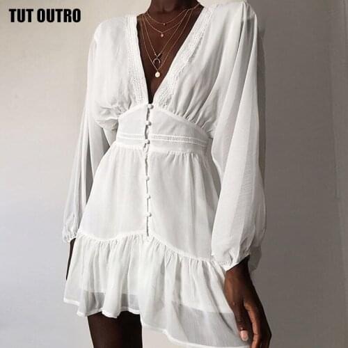Sexy Plunge V Neck Womens Summer Dress White Lace Long Sleeve Mini Wedding Party Dress Ruffle Elegant Clothes 2021