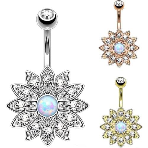 3Color Natural Opal Navel Piercing Ombligo Body Jewelry Crystal Flower Belly Button Rings Barbell Piercing Belly Ring Pircing