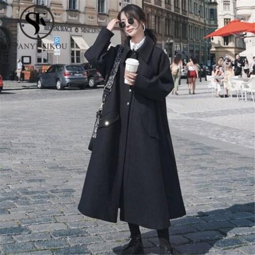 Winter Women Wool blend Coats Fashion Black Cloak Long Woolen Coat Thick Warm Overcoat Female Loose Plus size Winter Coat