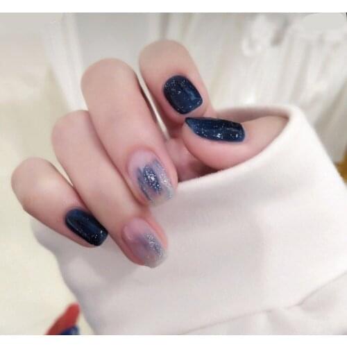 Starry sky theme Beautiful blue dyeing pure color with shining powder fake nails bride full nail tips 24pcs false nails lady