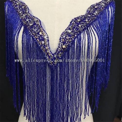 1 Set Sapphire Blue Sew on fringe draped applique trim Beaded Crystal Rhinestone Patches deep V shape collar necklace applique