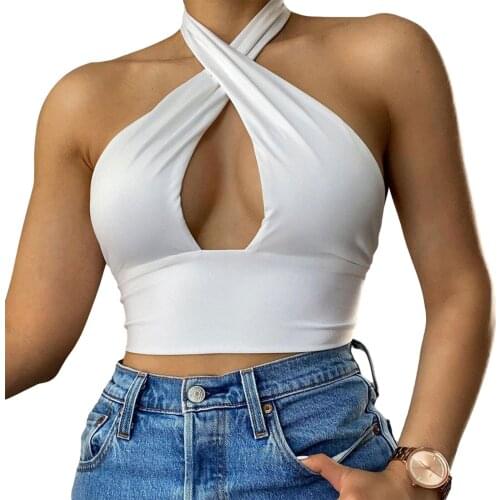2021 New Womens Crisscross Halter Crop Tops, Sexy Sleeveless Backless Solid Color Cut Out Tank Tops