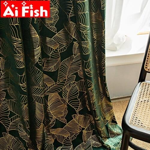 American Pastoral Printing Gold Bronzing Shiny Leaves Semi-Blackout Curtain Dark Green Bedroom Rod Pocket Window Curtains #4