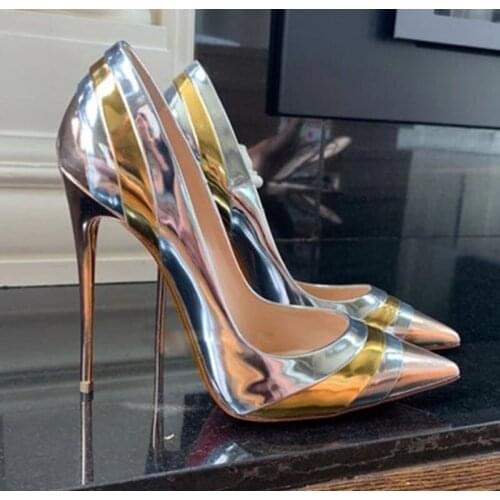 Glitter Silver Gold Straps Patchwork High Heels Pumps 12cm Evening Party Heel Women Pointed toe Stiletto Heels Slip On Shoes