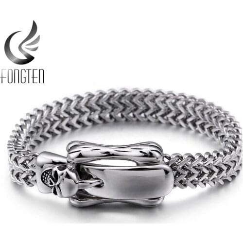 Fongten Skeleton Buckle Knot Mesh Chain Bracelet Men Stainless Steel Skull Mens Bracelets Jewelry
