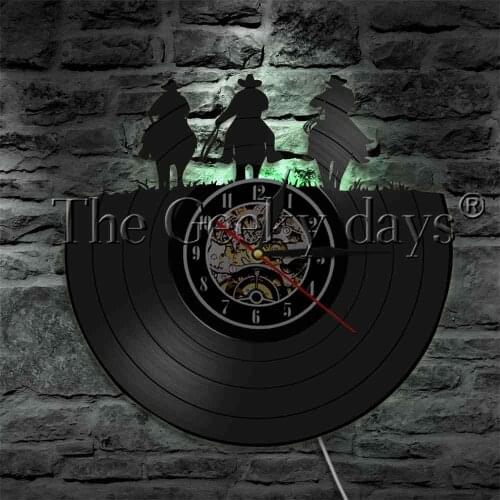 Wild West Cowboys On Horses Guns Circle Vinyl Record Wall Clock Art Home Decor LED Backlight Modern Decorative Lighting
