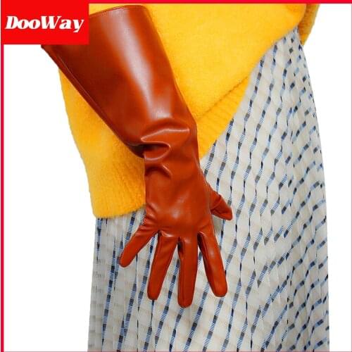 DooWay LONG GLOVES Elbow Length Unisex Sugar Tan Brown Faux Leather 38cm Wide Balloon Puff Open Sleeves L Oversize
