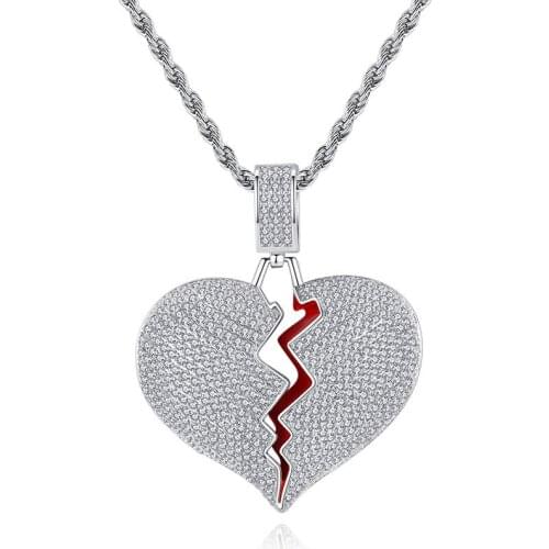 Hip Hop Micro Pave AAA Cubic Zirconia Iced Out Bling Broken Heart Pendants Necklace for Men Rapper Jewelry Silver Color