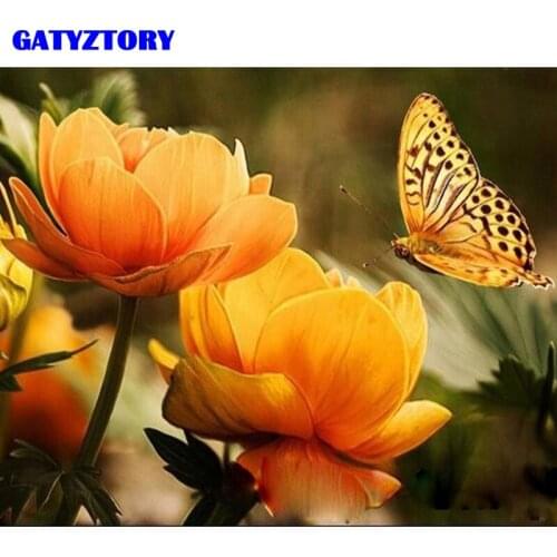 GATYZTORY Framed DIY Painting By Numbers Handpainted Oil Painting Fowers And Butterfly Paint By Numbers Modern Wall Art Picture