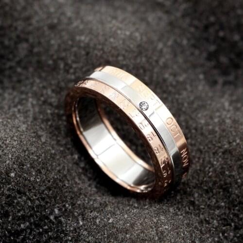 Classic Design Rotation Calendar and Date Ring Titanium Steel High Quality Rose Middle Silver Color Brand Ring Woman Jewelry