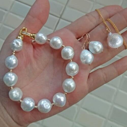 Natural 11-13MM white purple irregular Edison Baroque pearl bracelet earring pendant necklace 40CM set